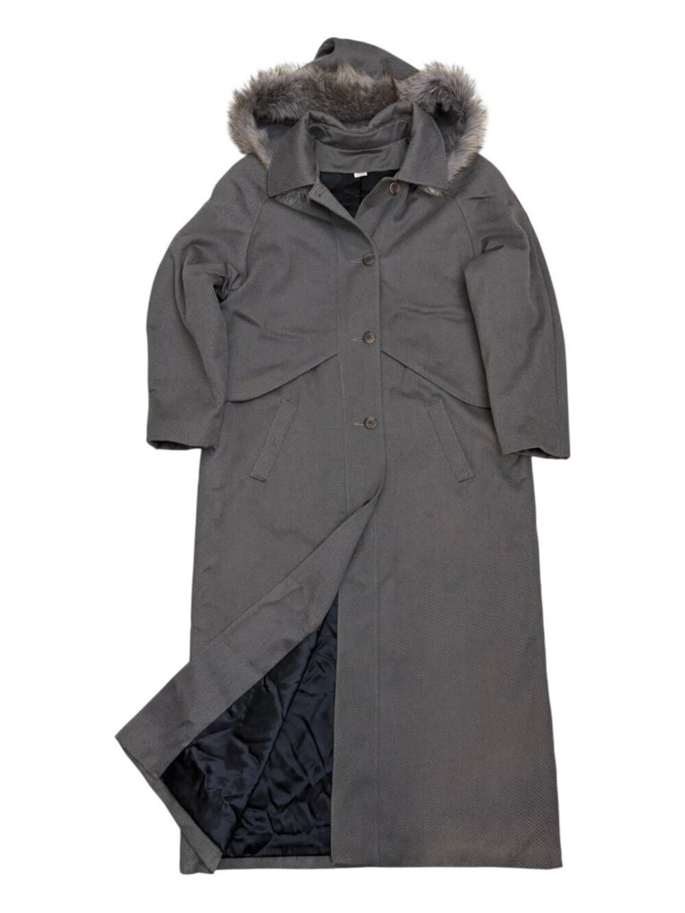 VINTAGE WOOL & GENUINE FUR Trilogi Long Gray Trench Business Coat Womens 10